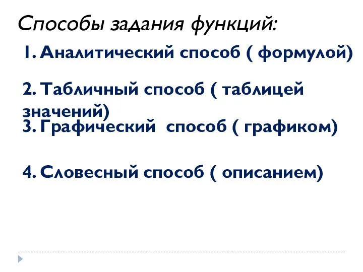 Способы задания функций: 1. Аналитический способ ( формулой) 2. Табличный способ (