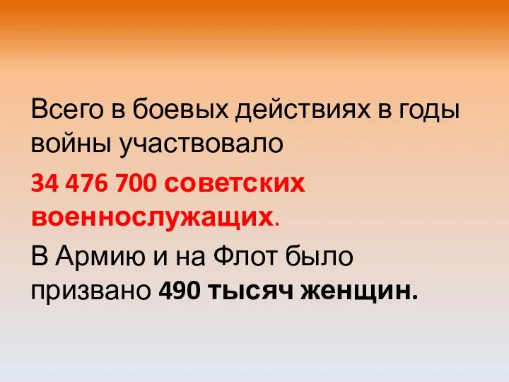 Всего в боевых действиях в годы войны участвовало 34 476 700 советских