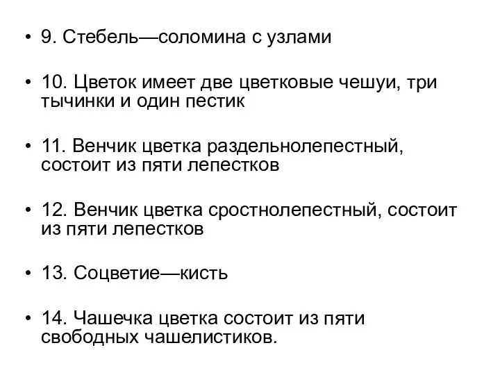 9. Стебель—соломина с узлами 10. Цветок имеет две цветковые чешуи, три тычинки