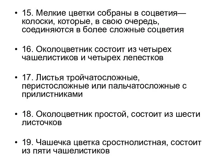 15. Мелкие цветки собраны в соцветия—колоски, которые, в свою очередь, соединяются в