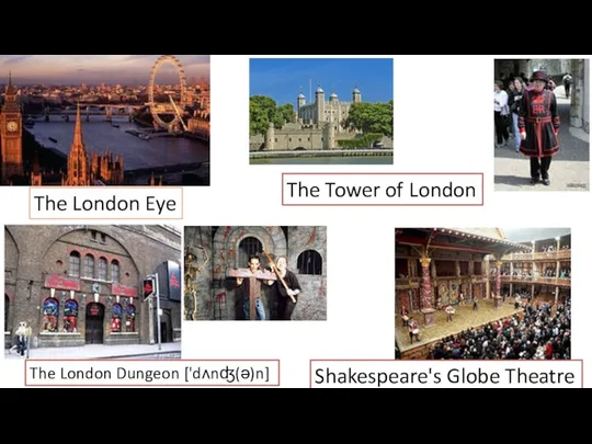 The London Eye The Tower of London The London Dungeon ['dʌnʤ(ə)n] Shakespeare's Globe Theatre