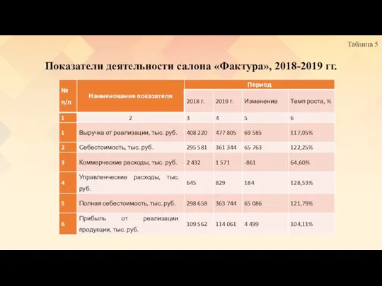 Показатели деятельности салона «Фактура», 2018-2019 гг. Таблица 5