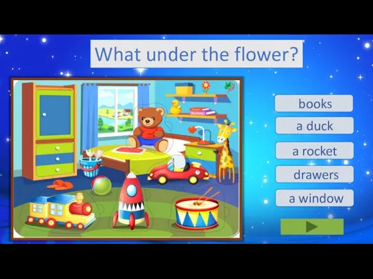 books a duck a rocket drawers a window What under the flower?
