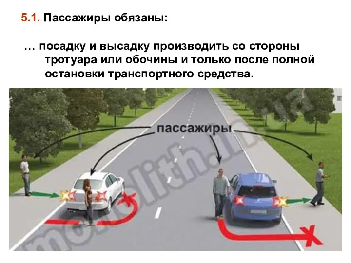 5.1. Пассажиры обязаны: … посадку и высадку производить со стороны тротуара или