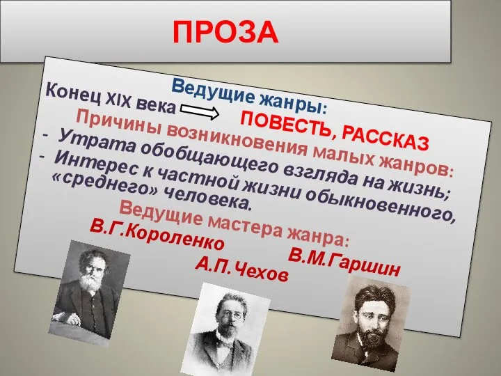 ПРОЗА Ведущие жанры: Конец XIX века ПОВЕСТЬ, РАССКАЗ Причины возникновения малых жанров: