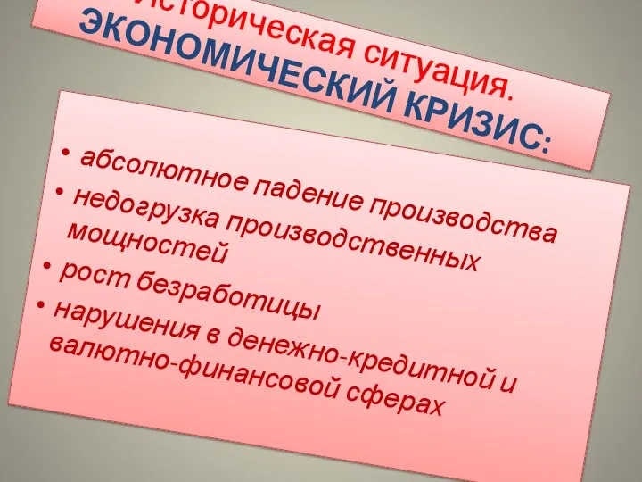 Историческая ситуация. ЭКОНОМИЧЕСКИЙ КРИЗИС: абсолютное падение производства недогрузка производственных мощностей рост безработицы