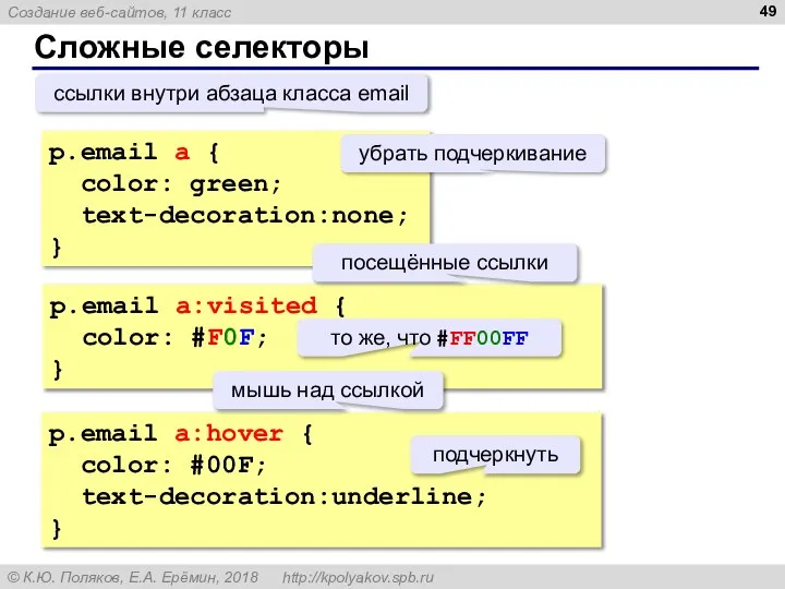 Сложные селекторы p.email a { color: green; text-decoration:none; } p.email a:hover {