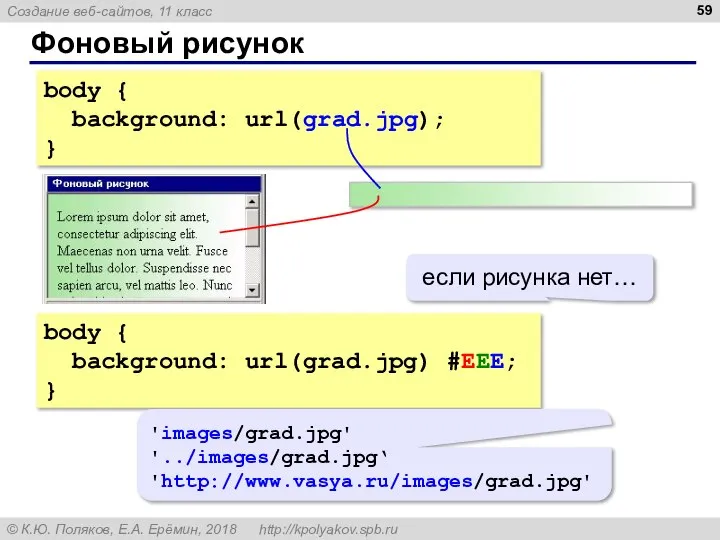 Фоновый рисунок body { background: url(grad.jpg); } body { background: url(grad.jpg) #EEE;
