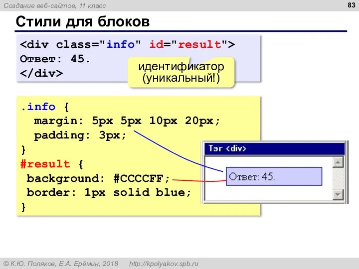 Стили для блоков Ответ: 45. идентификатор (уникальный!) .info { margin: 5px 5px