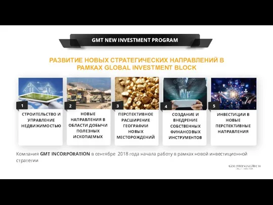 GMT NEW INVESTMENT PROGRAM СТРОИТЕЛЬСТВО И УПРАВЛЕНИЕ НЕДВИЖИМОСТЬЮ 3 РАЗВИТИЕ НОВЫХ СТРАТЕГИЧЕСКИХ