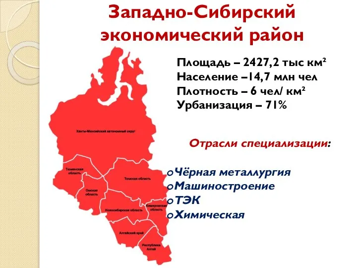 Западно-Сибирский экономический район Площадь – 2427,2 тыс км² Население –14,7 млн чел