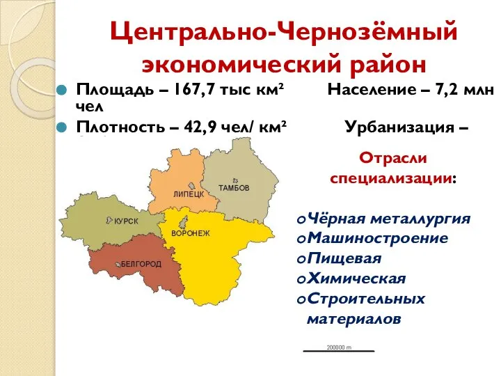 Центрально-Чернозёмный экономический район Площадь – 167,7 тыс км² Население – 7,2 млн