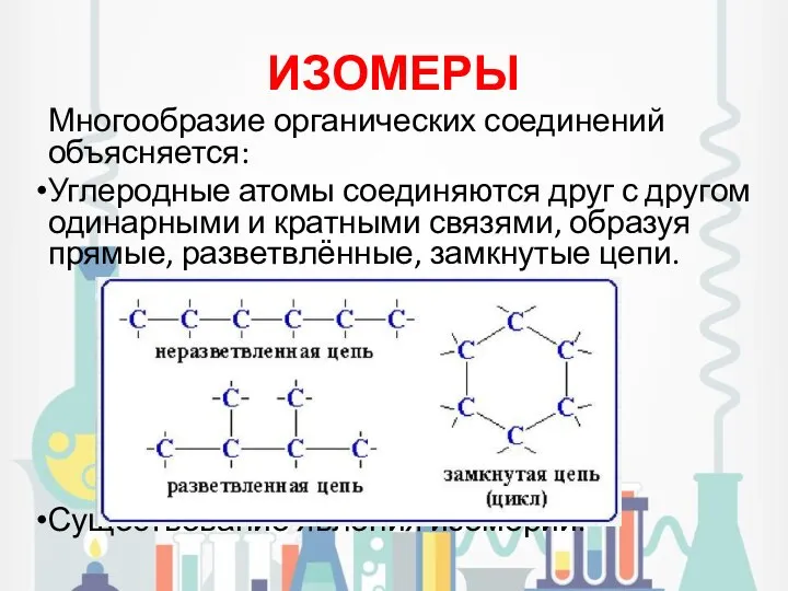 ИЗОМЕРЫ Многообразие органических соединений объясняется: Углеродные атомы соединяются друг с другом одинарными