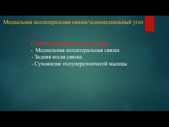 Медиальная коллатеральная связка/заднемедиальный угол Стабилизирующие структуры: - Медиальная коллатеральная связка Задняя косая связка Сухожилие полуперепончатой мышцы