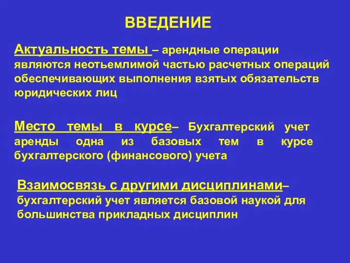 Актуальность темы – арендные операции являются неотьемлимой частью расчетных операций обеспечивающих выполнения