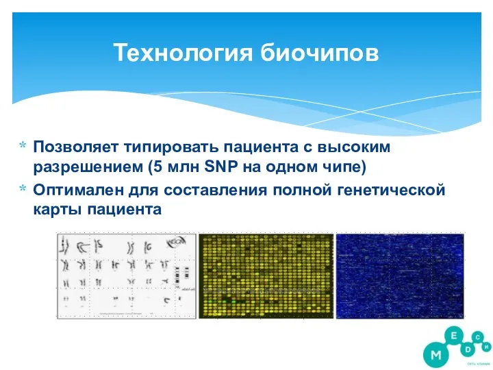 Технология биочипов Позволяет типировать пациента с высоким разрешением (5 млн SNP на