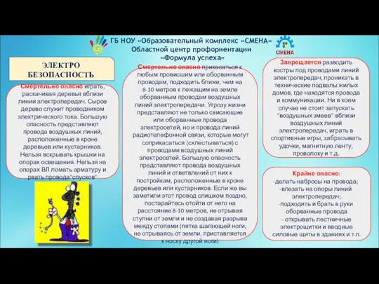 ГБ НОУ «Образовательный комплекс «СМЕНА» Областной центр профориентации «Формула успеха» ЭЛЕКТРО БЕЗОПАСНОСТЬ