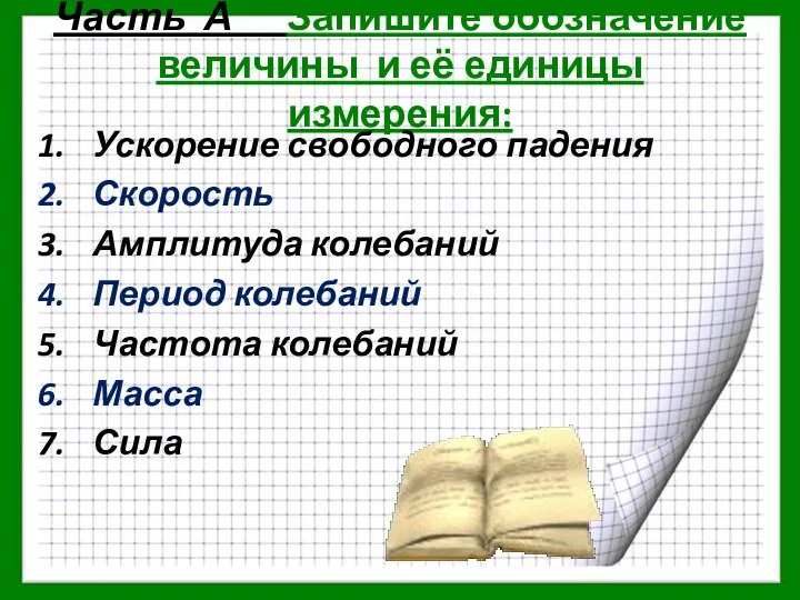 Часть А Запишите обозначение величины и её единицы измерения: Ускорение свободного падения