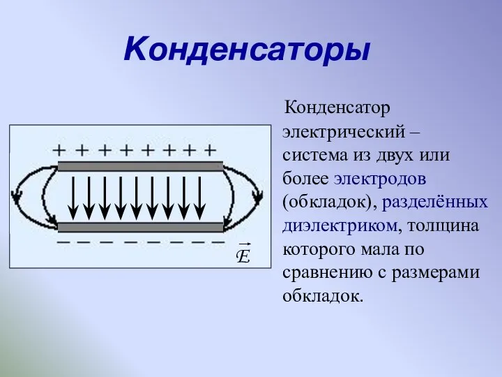 Конденсаторы Конденсатор электрический – система из двух или более электродов (обкладок), разделённых