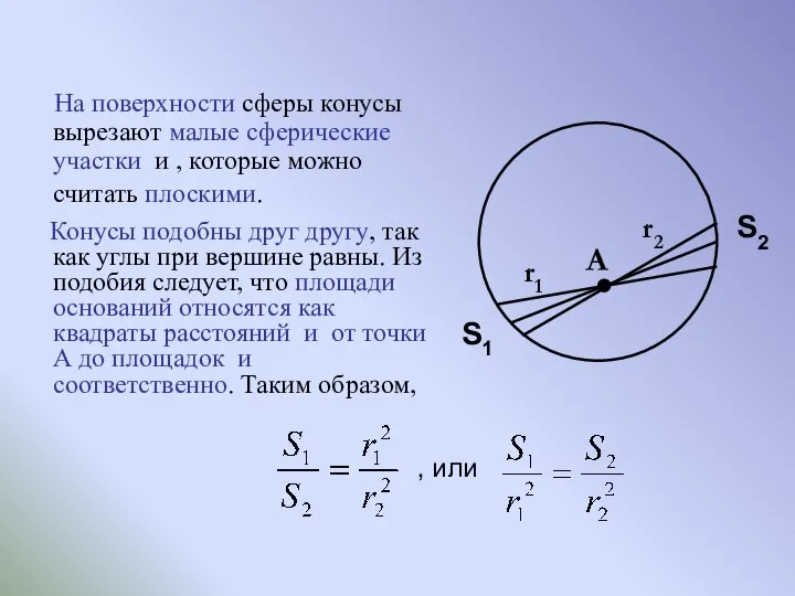 На поверхности сферы конусы вырезают малые сферические участки и , которые можно