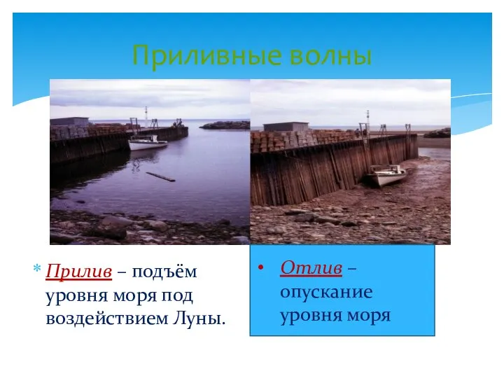 Прилив – подъём уровня моря под воздействием Луны. Приливные волны Отлив – опускание уровня моря