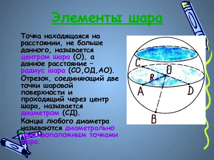 Элементы шара Точка находящаяся на расстоянии, не больше данного, называется центром шара