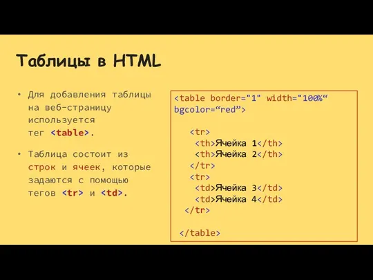 Таблицы в HTML Для добавления таблицы на веб-страницу используется тег . Таблица