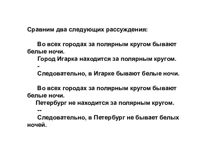 Сравним два следующих рассуждения: Во всех городах за полярным кругом бывают белые