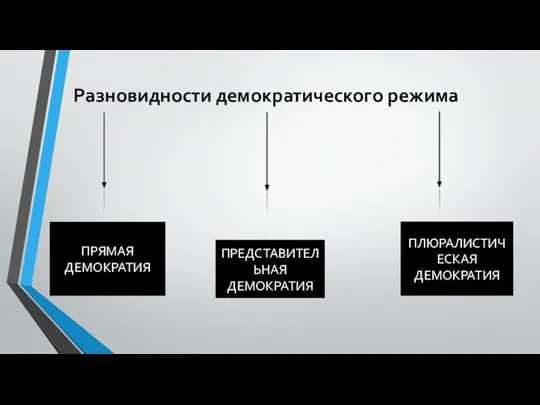 Разновидности демократического режима ПРЯМАЯ ДЕМОКРАТИЯ ПРЕДСТАВИТЕЛЬНАЯ ДЕМОКРАТИЯ ПЛЮРАЛИСТИЧЕСКАЯ ДЕМОКРАТИЯ