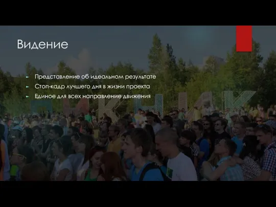 Видение Представление об идеальном результате Стоп-кадр лучшего дня в жизни проекта Единое для всех направление движения