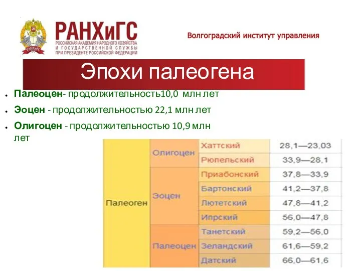 Эпохи палеогена Палеоцен- продолжительность10,0 млн лет Эоцен - продолжительностью 22,1 млн лет