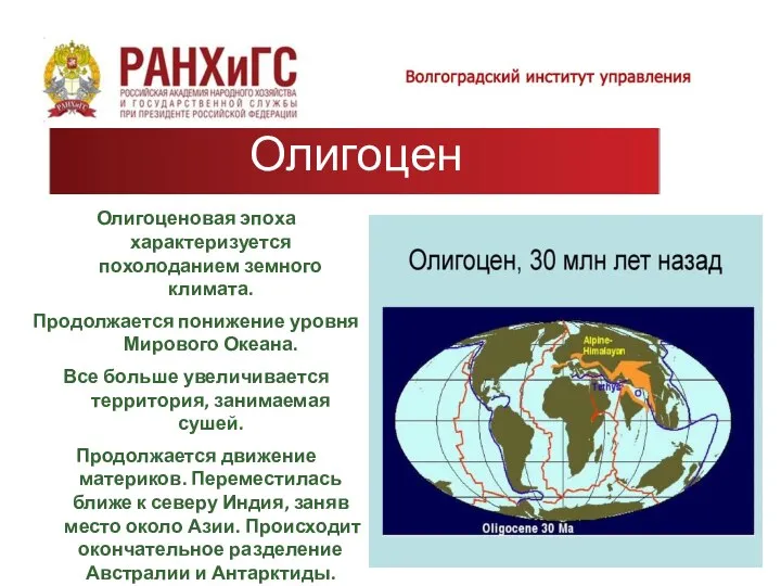 Олигоцен Олигоценовая эпоха характеризуется похолоданием земного климата. Продолжается понижение уровня Мирового Океана.