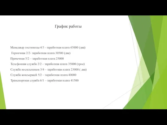 График работы Менеджер гостиницы 4/3 - заработная плата 43000 (два) Горничная 2/2-