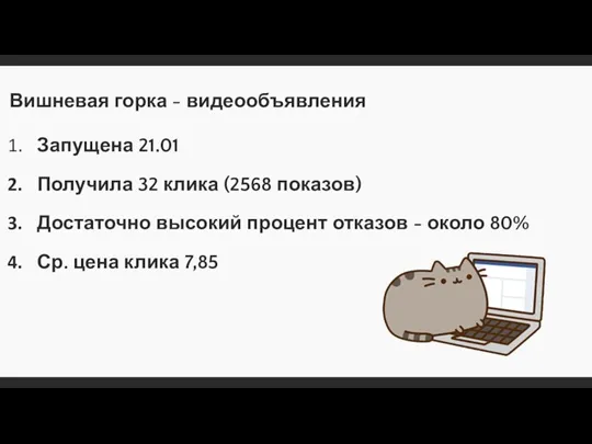 Вишневая горка - видеообъявления Запущена 21.01 Получила 32 клика (2568 показов) Достаточно