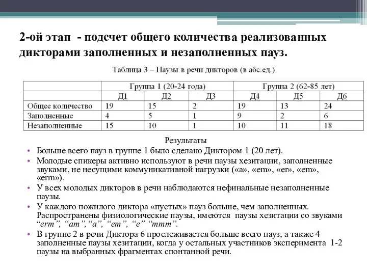 2-ой этап - подсчет общего количества реализованных дикторами заполненных и незаполненных пауз.