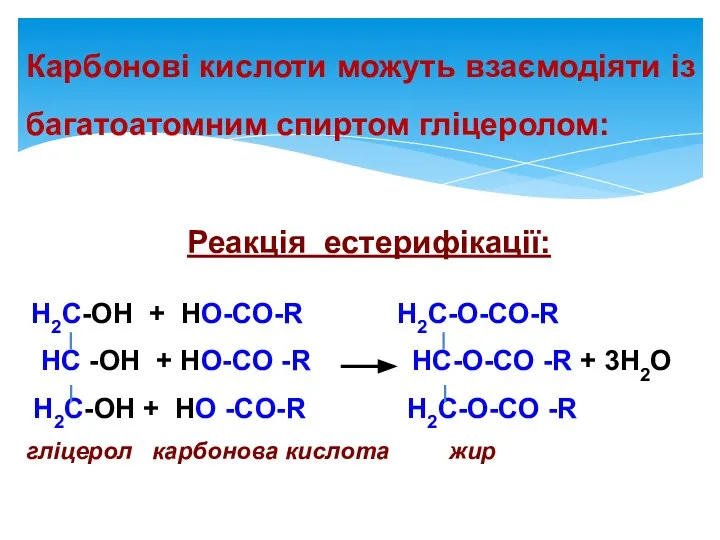 Карбонові кислоти можуть взаємодіяти із багатоатомним спиртом гліцеролом: H2C-OH + HO-CO-R H2C-O-CO-R