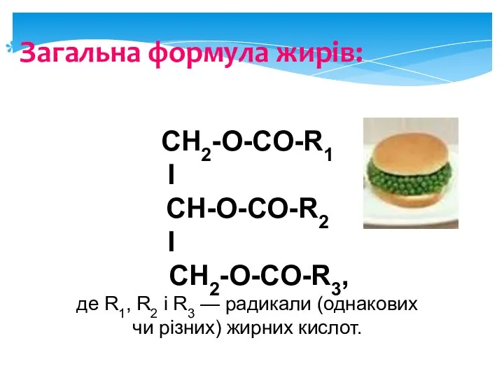Загальна формула жирів: CH2-O-CO-R1 I CH-О-CO-R2 I CH2-O-CO-R3, де R1, R2 і