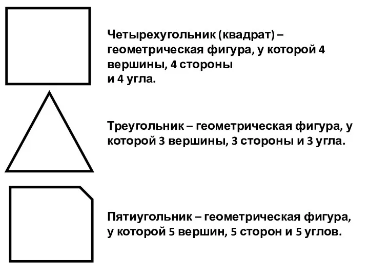 Четырехугольник (квадрат) – геометрическая фигура, у которой 4 вершины, 4 стороны и