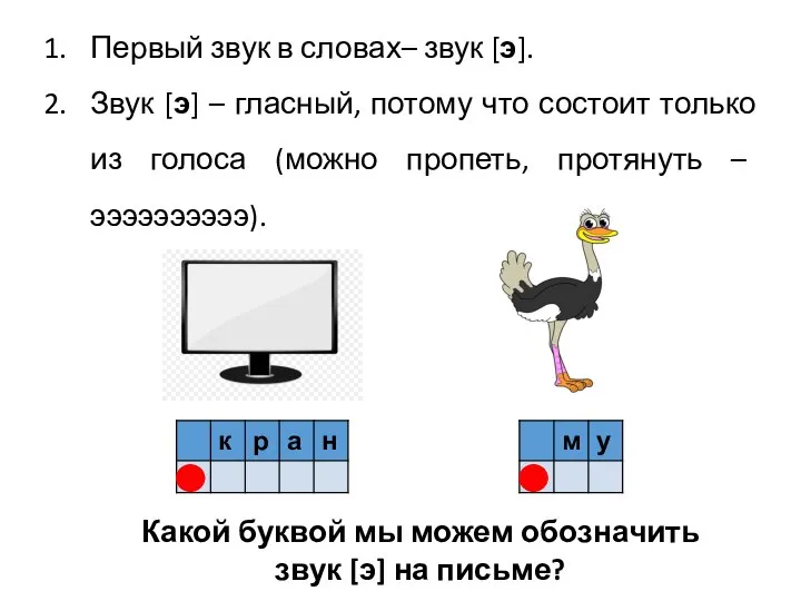 Первый звук в словах– звук [э]. Звук [э] – гласный, потому что