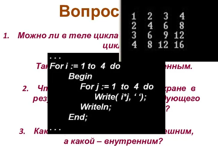 Вопросы: Можно ли в теле цикла использовать тоже цикл? Такой цикл называется