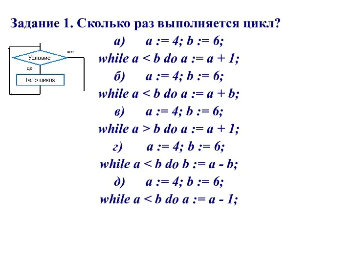 Задание 1. Сколько раз выполняется цикл? а) a := 4; b :=