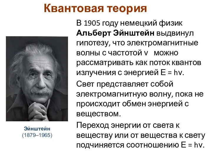Квантовая теория В 1905 году немецкий физик Альберт Эйнштейн выдвинул гипотезу, что