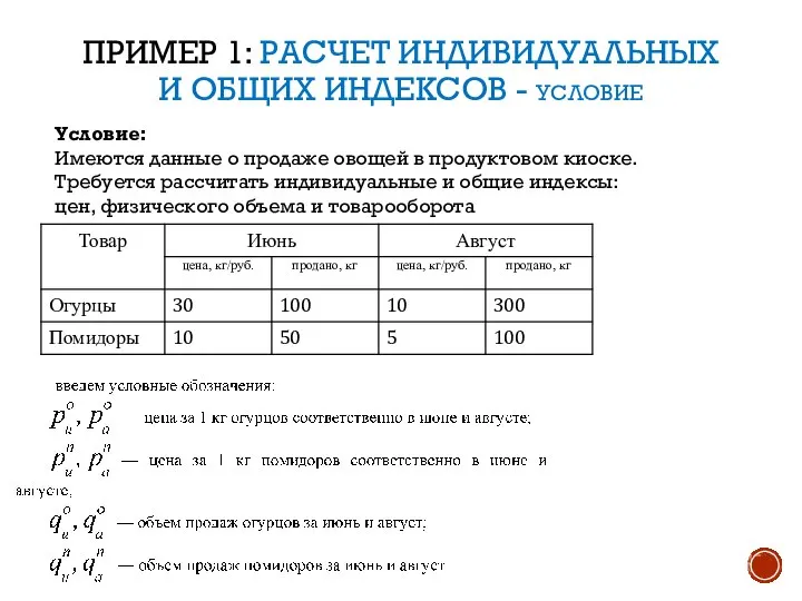 ПРИМЕР 1: РАСЧЕТ ИНДИВИДУАЛЬНЫХ И ОБЩИХ ИНДЕКСОВ - УСЛОВИЕ Условие: Имеются данные