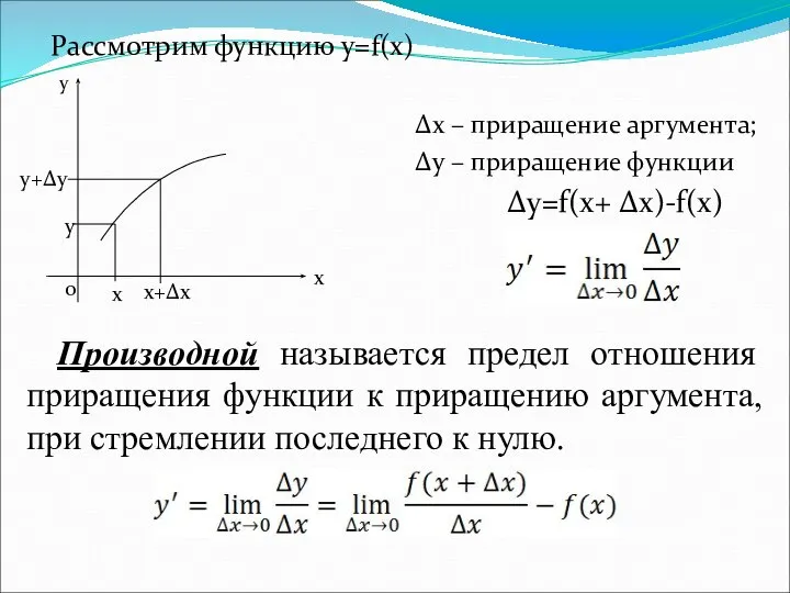 Рассмотрим функцию y=f(x) ∆x – приращение аргумента; ∆y – приращение функции ∆y=f(x+