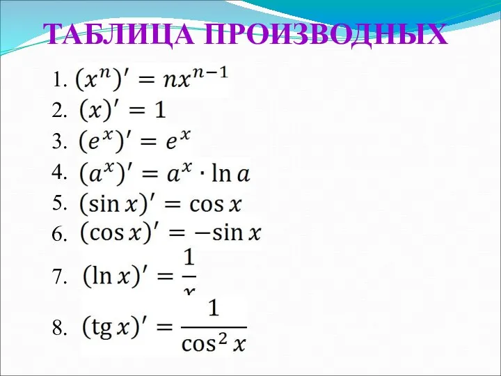 1. 2. 3. 4. 5. 6. 7. 8. ТАБЛИЦА ПРОИЗВОДНЫХ