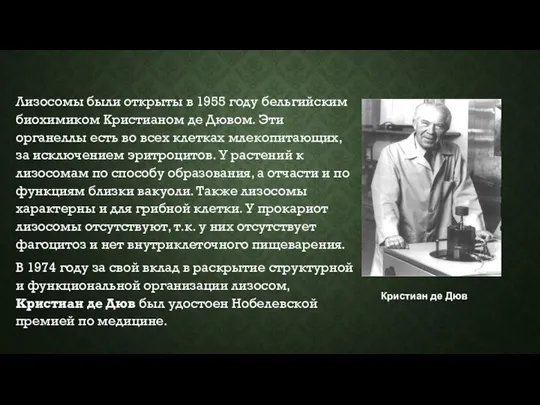 Лизосомы были открыты в 1955 году бельгийским биохимиком Кристианом де Дювом. Эти