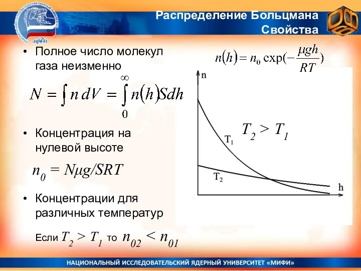 Полное число молекул газа неизменно Концентрация на нулевой высоте Концентрации для различных