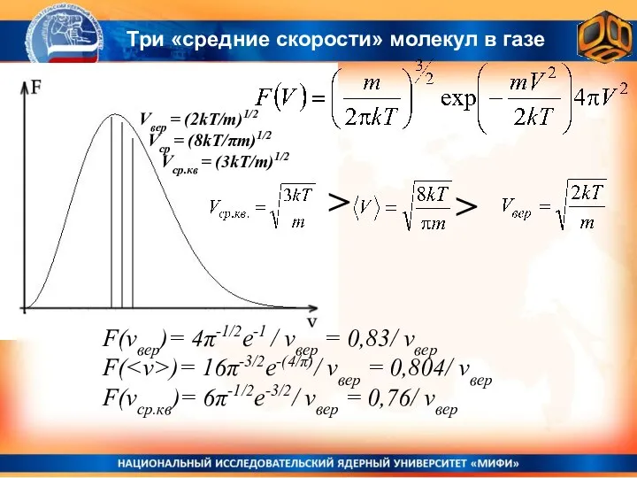 Vвер = (2kT/m)1/2 Vср = (8kT/πm)1/2 Vср.кв = (3kT/m)1/2 > F(vвер)= 4π-1/2е-1