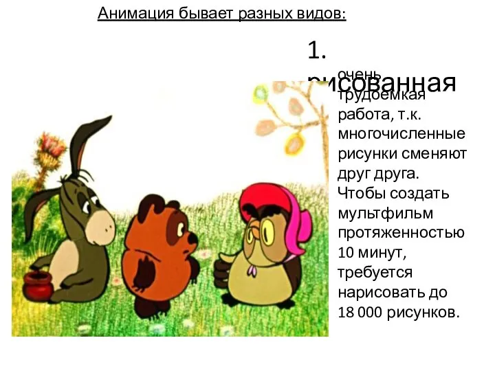 Анимация бывает разных видов: 1.рисованная очень трудоемкая работа, т.к. многочисленные рисунки сменяют