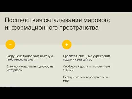 – Последствия складывания мирового информационного пространства Разрушена монополия на какую-либо информацию. Сложно